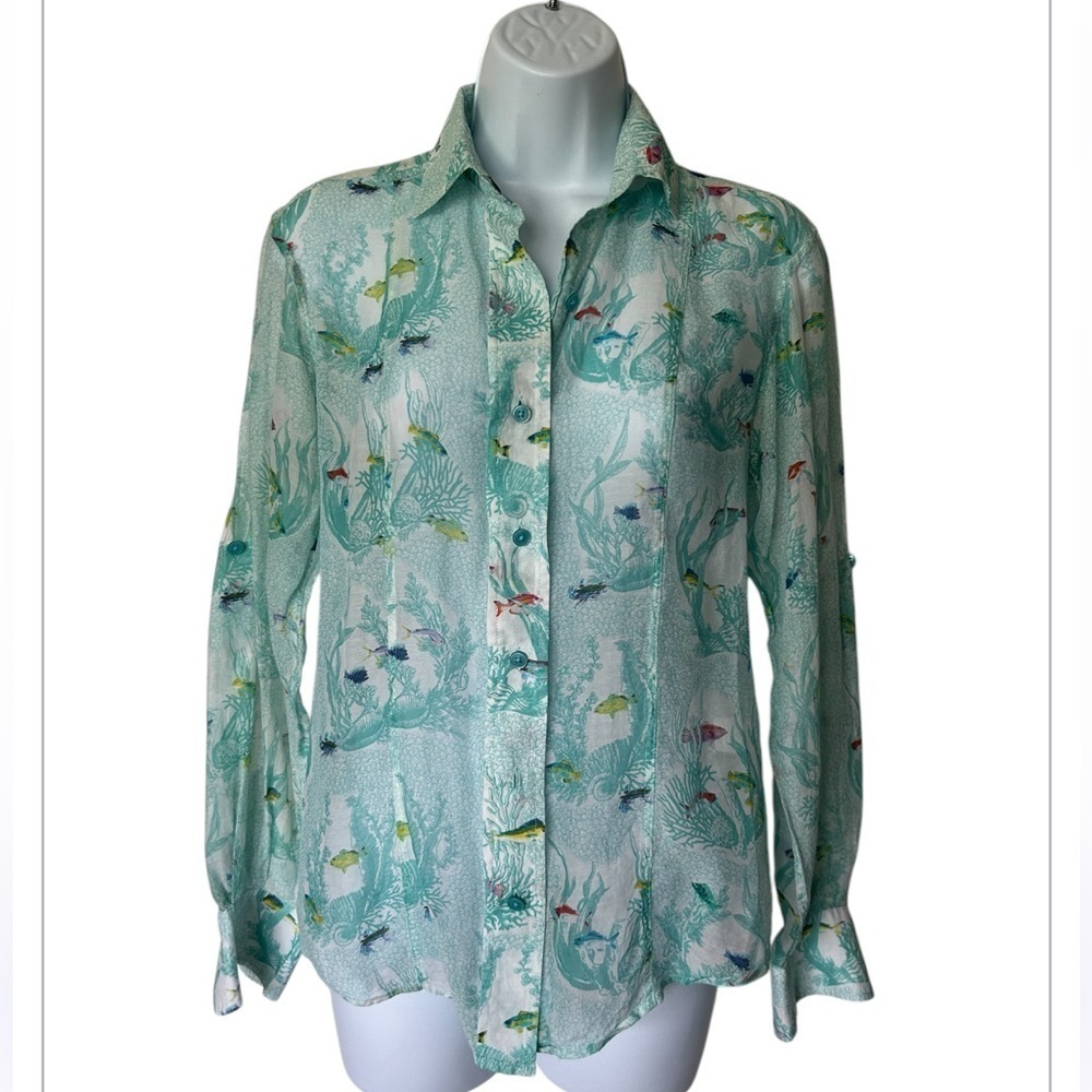 Leggiadro Blouse Silk Blend Fish print long sleeve button front Size S